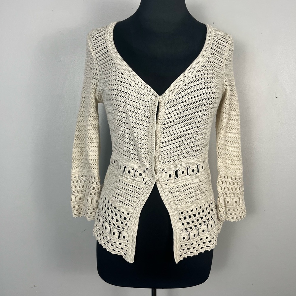 Y2k Ann Taylor ivory crochet button snap cardigan size medium